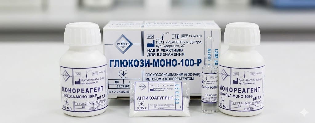 ПК 24.9-06 ГЛЮКОЗА-МОНО-100-Р Набір реагентів для визначення вмісту глюкози глюкозооксидазним (GOD-PAP) методом з моно реагентом, 50/100 проб